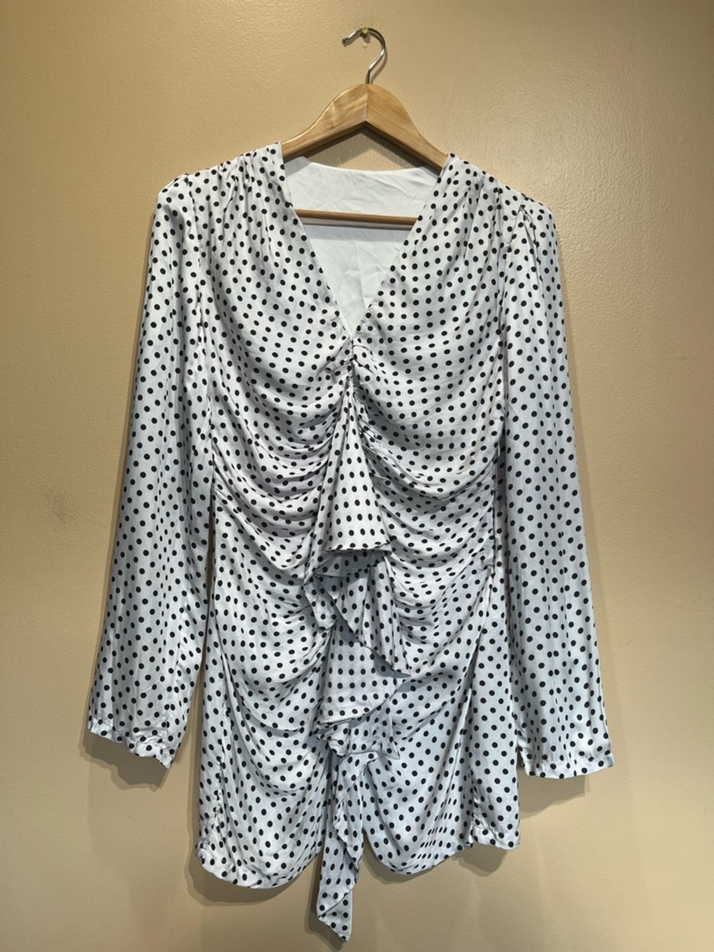 White & Black Polka Dot Ruched Front Long Sleeve Mini Dress